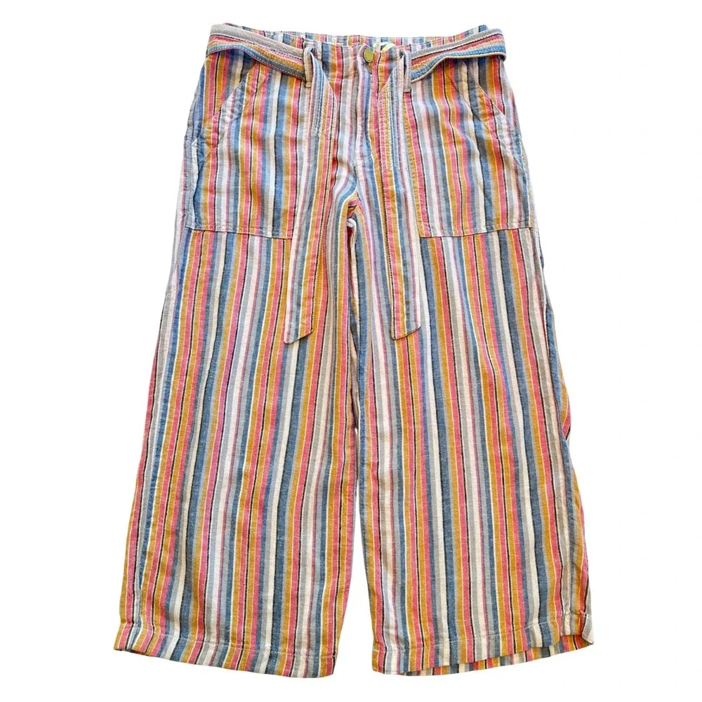 Seven7 Multi Color Striped Wide Leg High Rise Linen Blend Pants Size 6